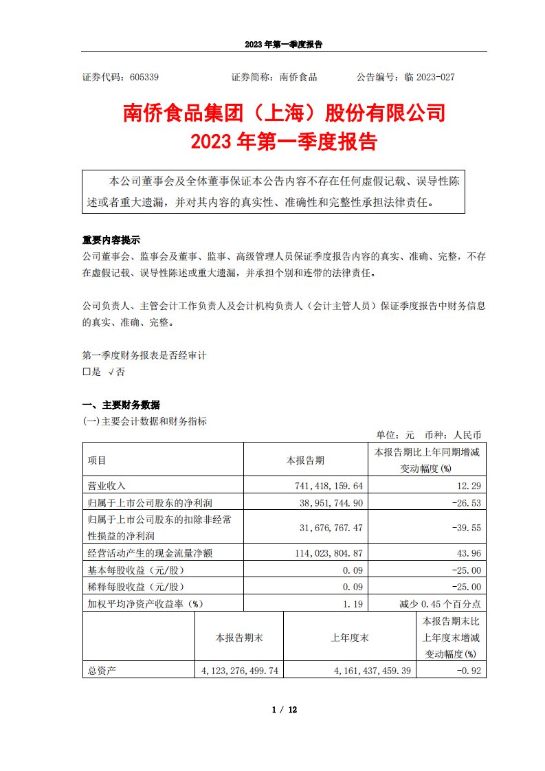 上交所-南侨食品集团（上海）股份有限公司2023年第一季度报告-20230428