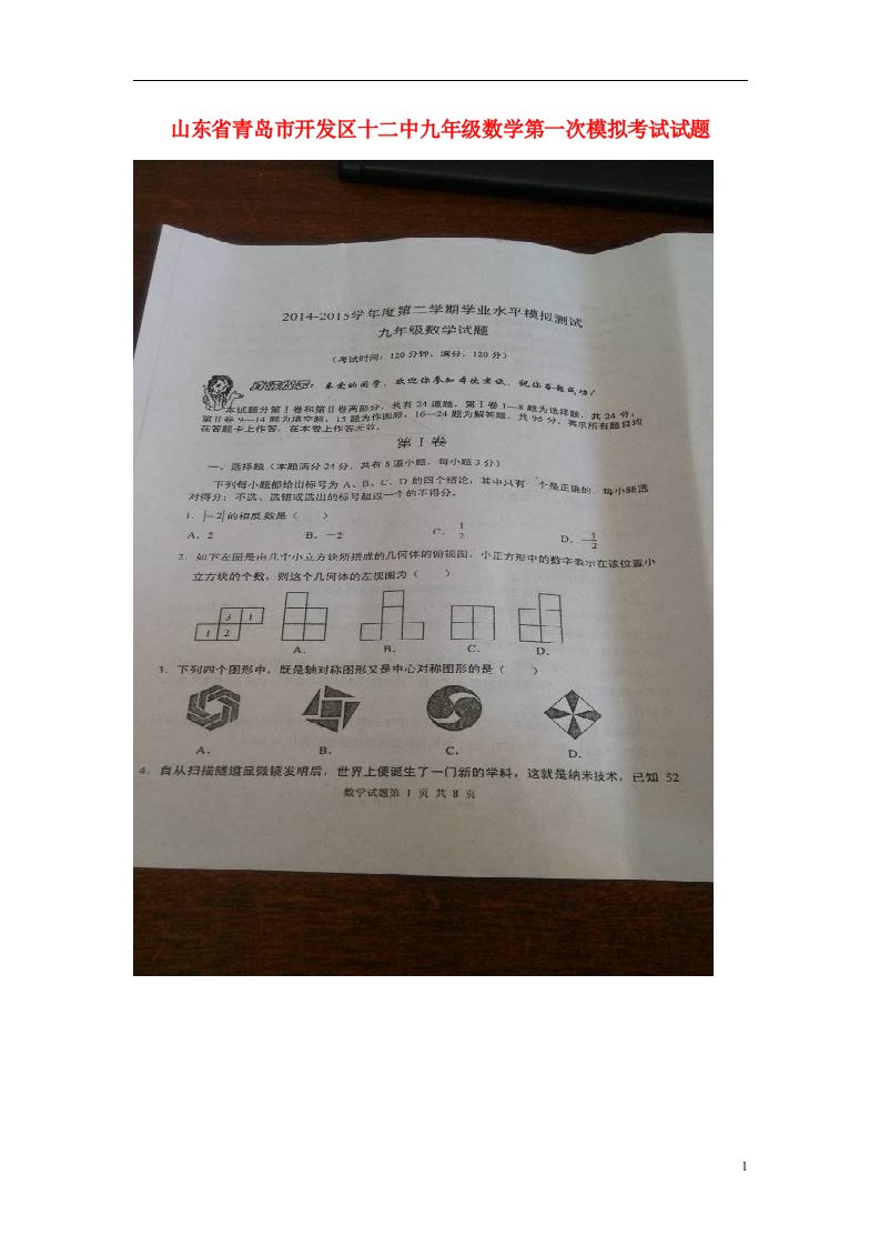 山东省青岛市开发区十二中九级数学第一次模拟考试试题（扫描版）