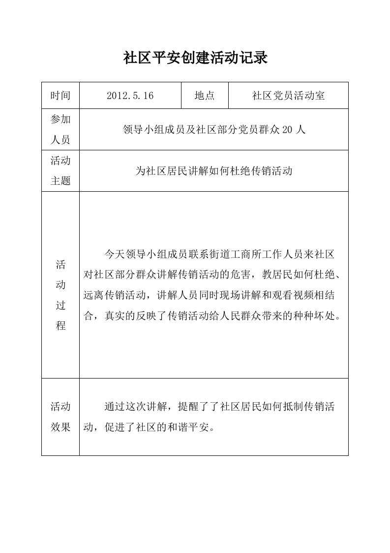 社区平安创建活动记录