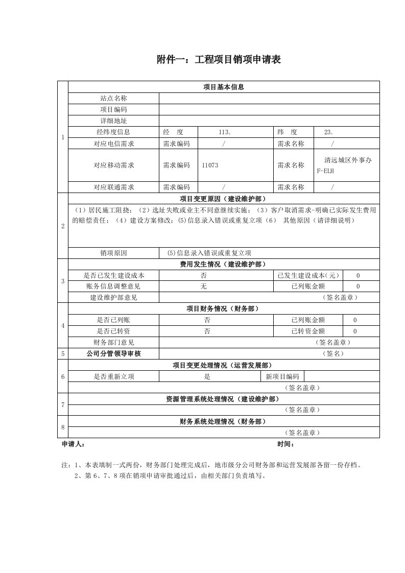 工程项目销项申请表(铁塔)