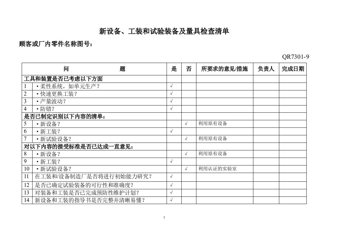 新设备、工装和试验装备及量具检查清单（8）