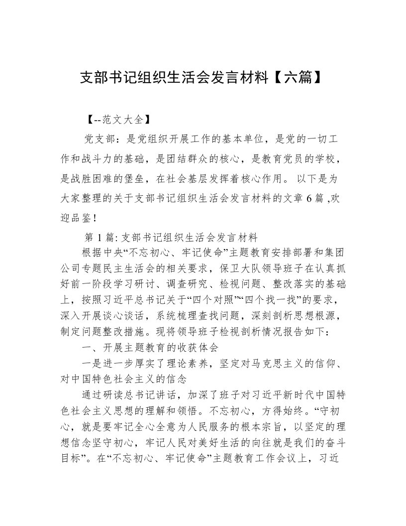 支部书记组织生活会发言材料【六篇】