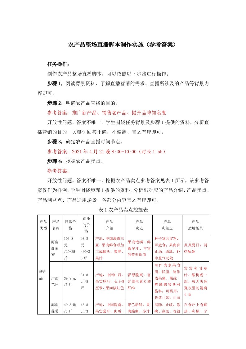 6-3-农产品整场直播脚本制作实施-参考答案解析