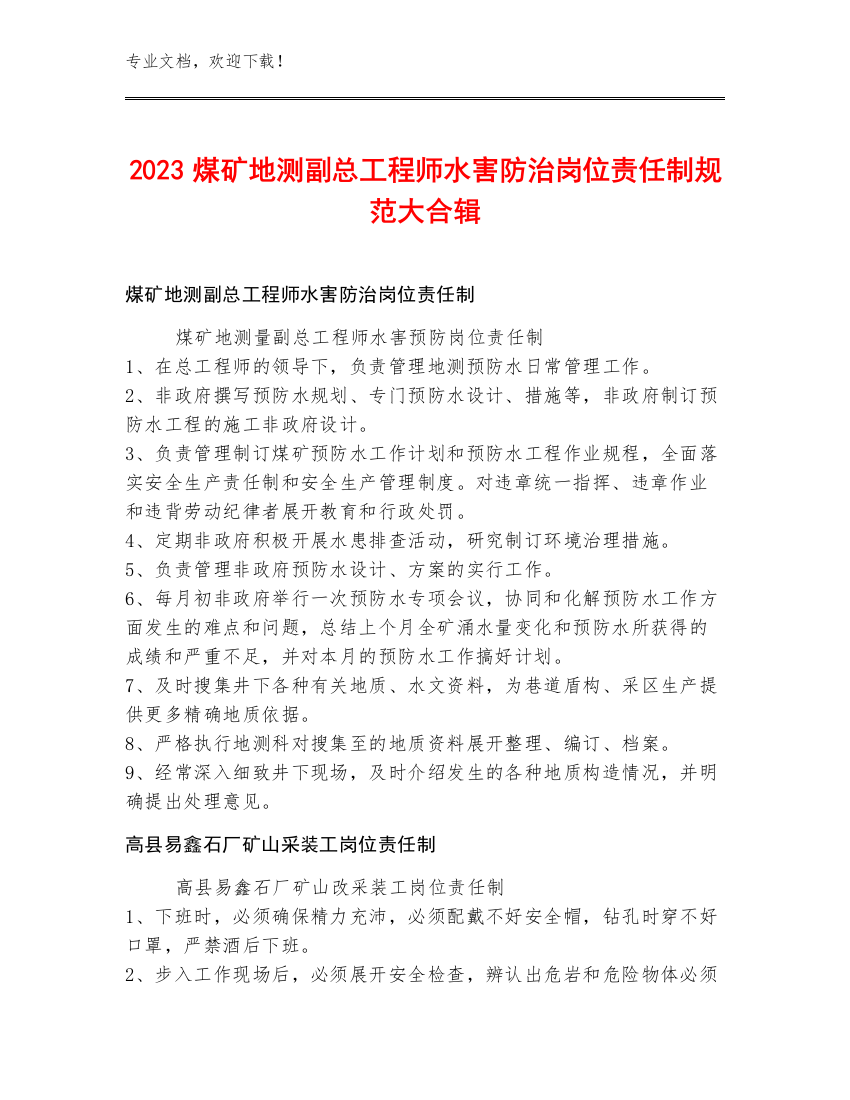 2023煤矿地测副总工程师水害防治岗位责任制规范大合辑