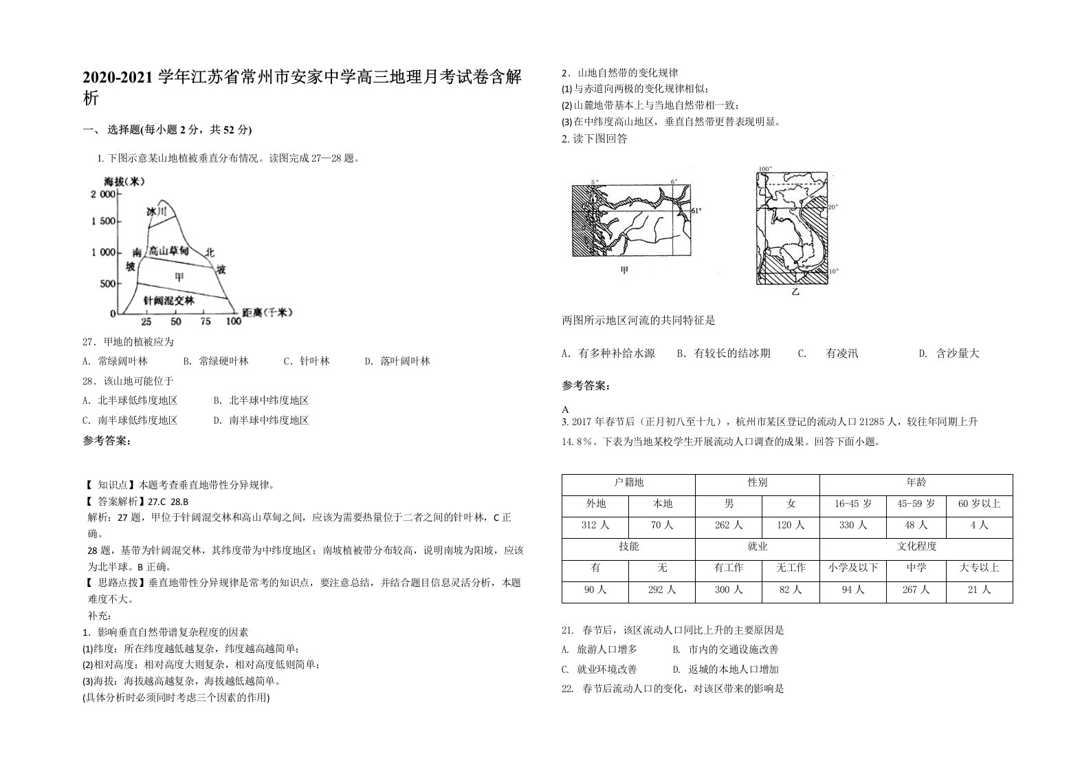 2020-2021学年江苏省常州市安家中学高三地理月考试卷含解析