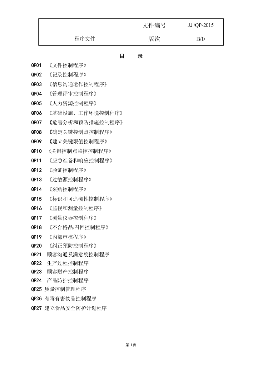 标书.文件--食品生产公司iso体系程序文件总汇