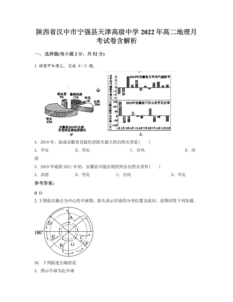 陕西省汉中市宁强县天津高级中学2022年高二地理月考试卷含解析