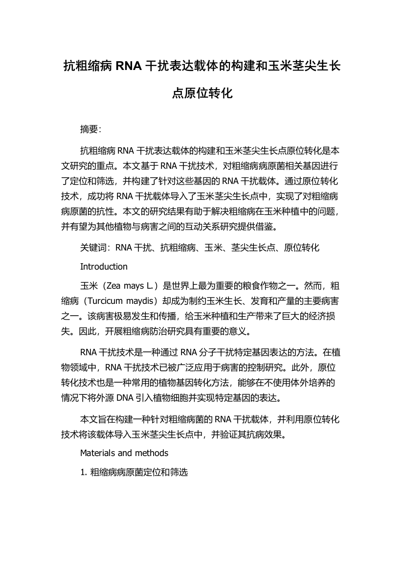 抗粗缩病RNA干扰表达载体的构建和玉米茎尖生长点原位转化