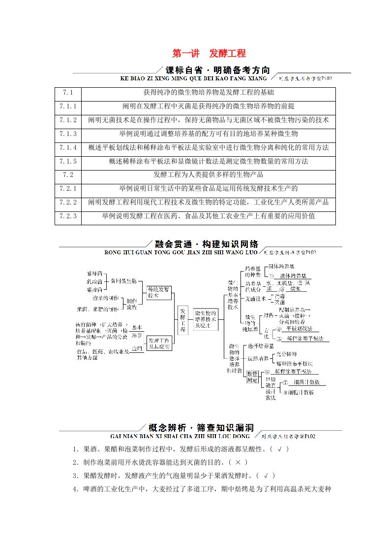 新教材适用2024版高考生物二轮总复习第1部分核心考点突破专题9生物技术与工程第1讲发酵工程核心考点一传统发酵技术的应用和发酵工程教师用书