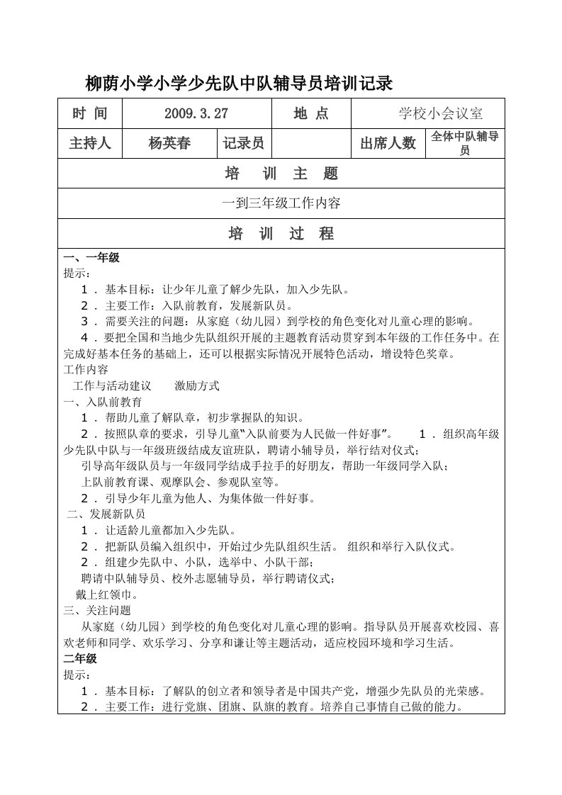 柳荫小学少先队中队辅导员培训记录