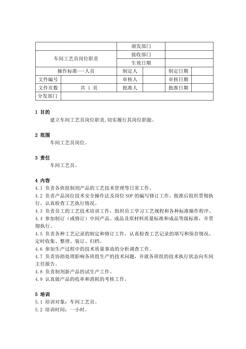 生产管理-21车间工艺员岗位职责