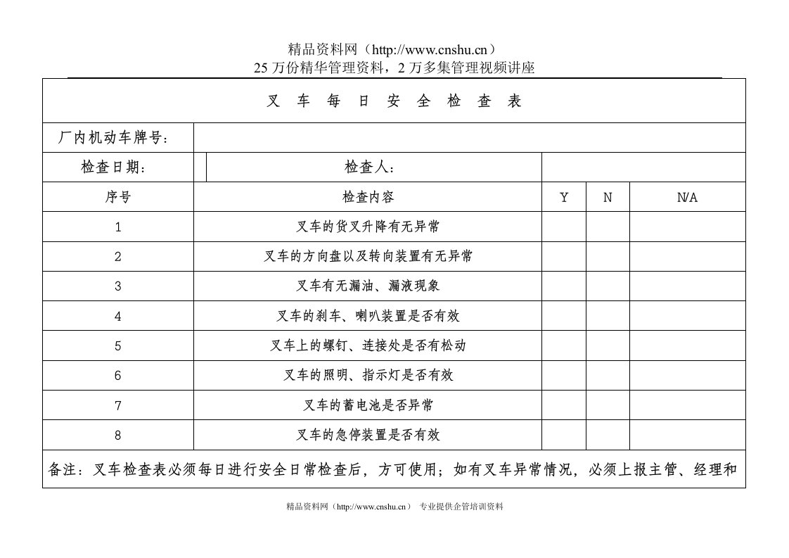 叉车每日安全检查表