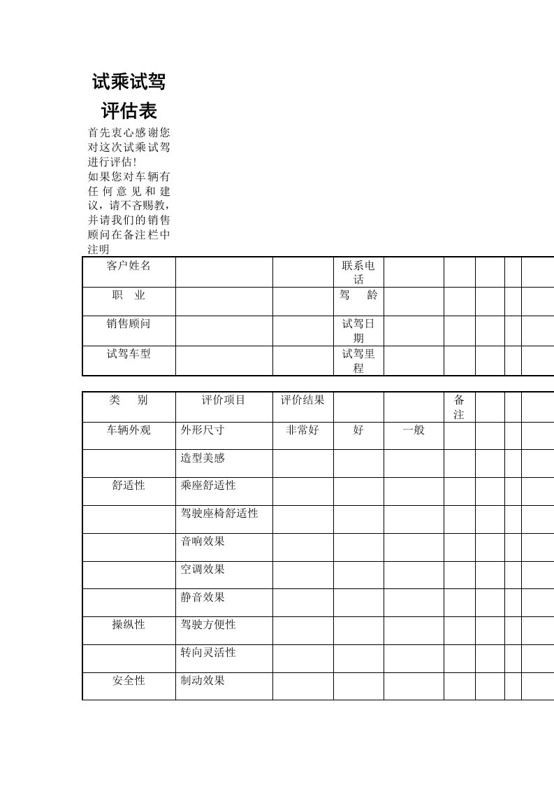 汽车试乘试驾评估表