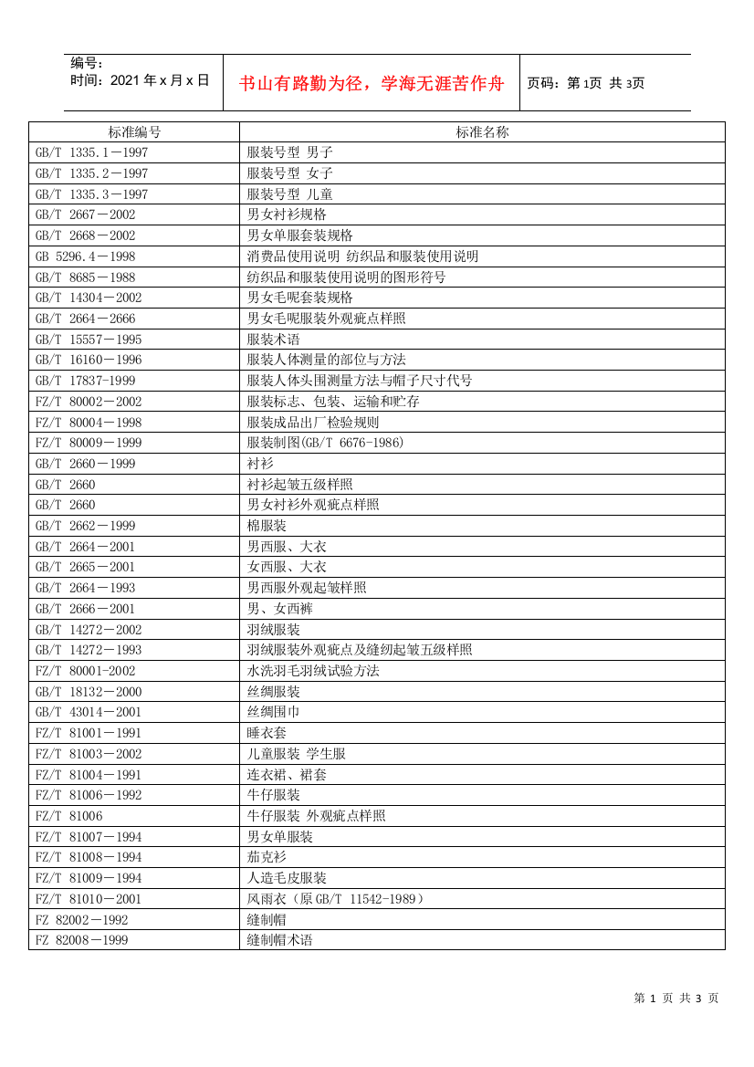 国家标准-服装行业常用标准编号