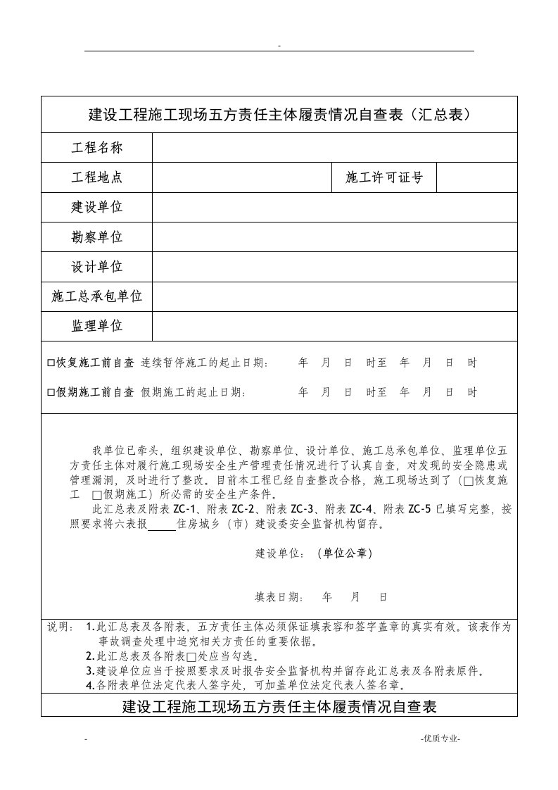 建设工程施工现场五方责任主体履责情况自查表