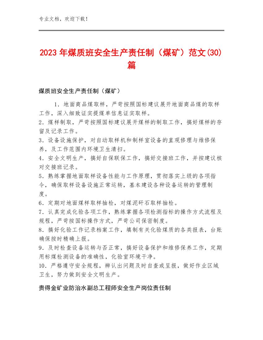 2023年煤质班安全生产责任制（煤矿）范文(30)篇