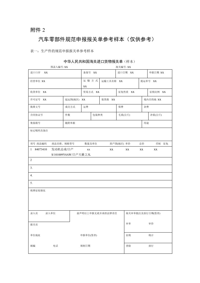 企业汽车零部件规范申报表