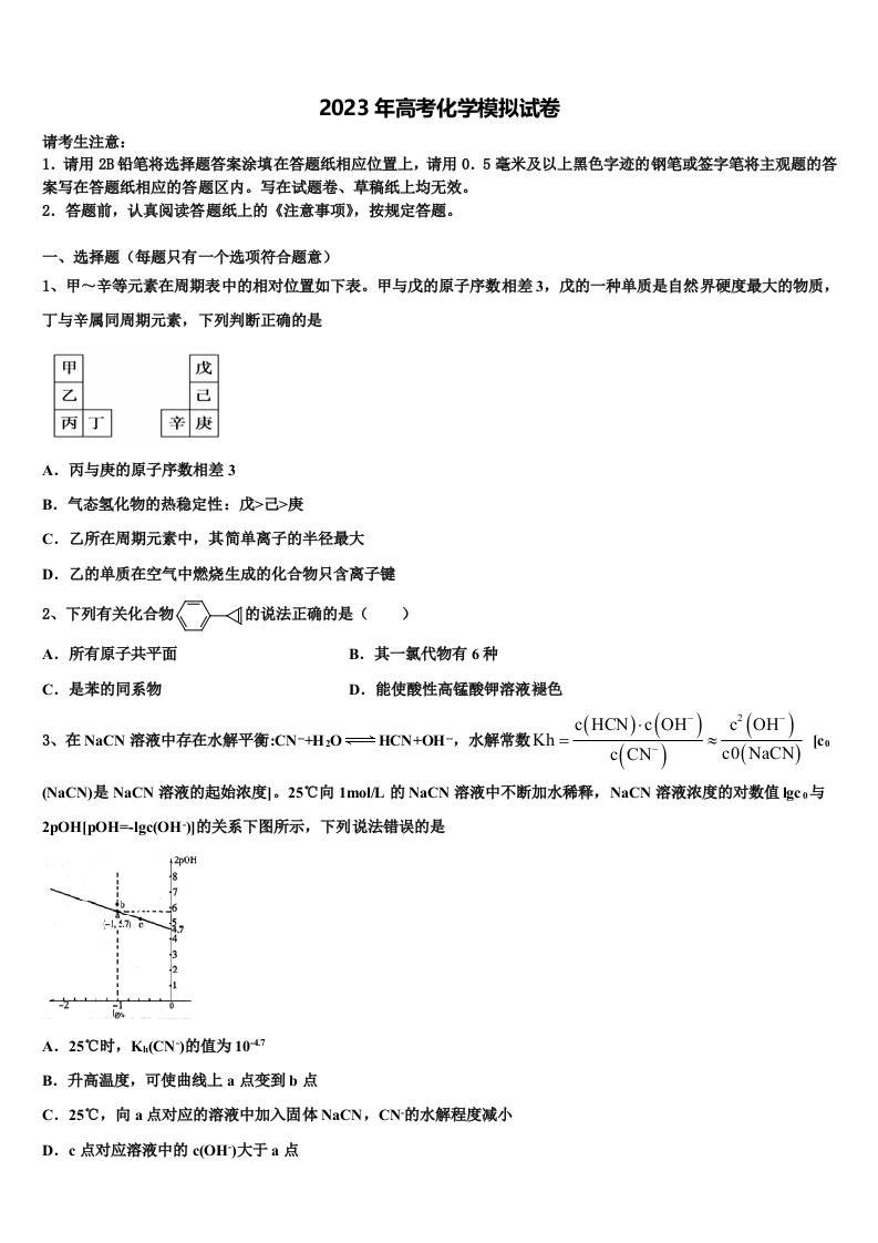 2022-2023学年湖北省恩施州建始县一中高三第五次模拟考试化学试卷含解析