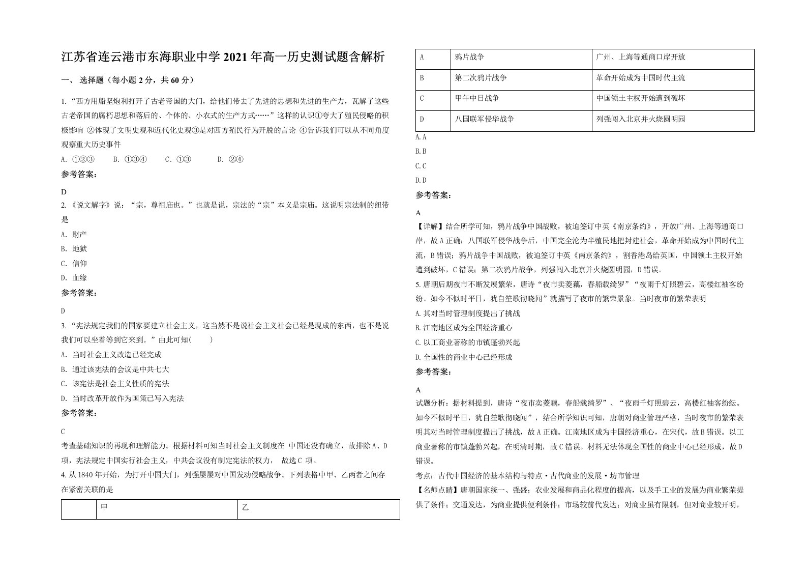 江苏省连云港市东海职业中学2021年高一历史测试题含解析