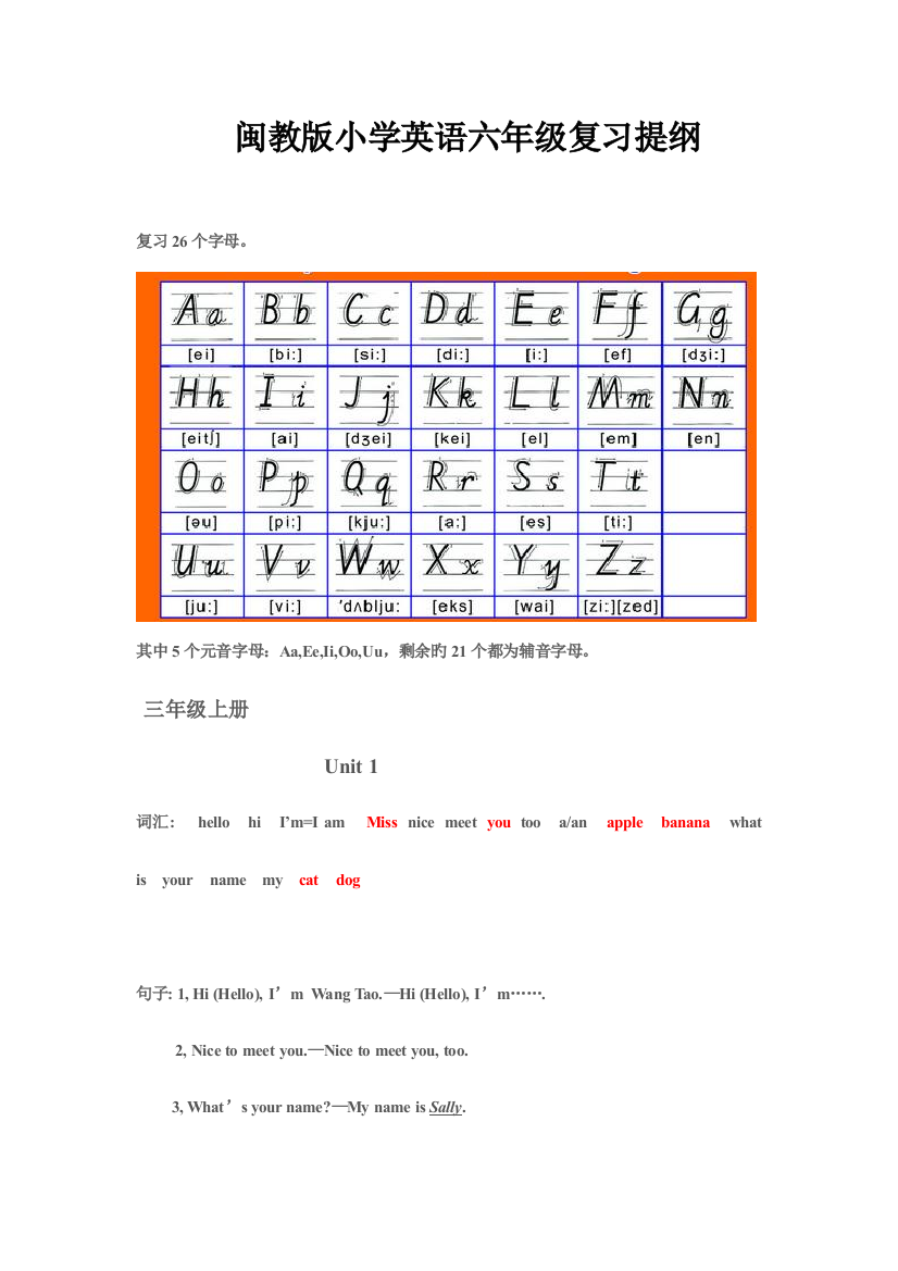 闽教版小学英语六年级复习提纲