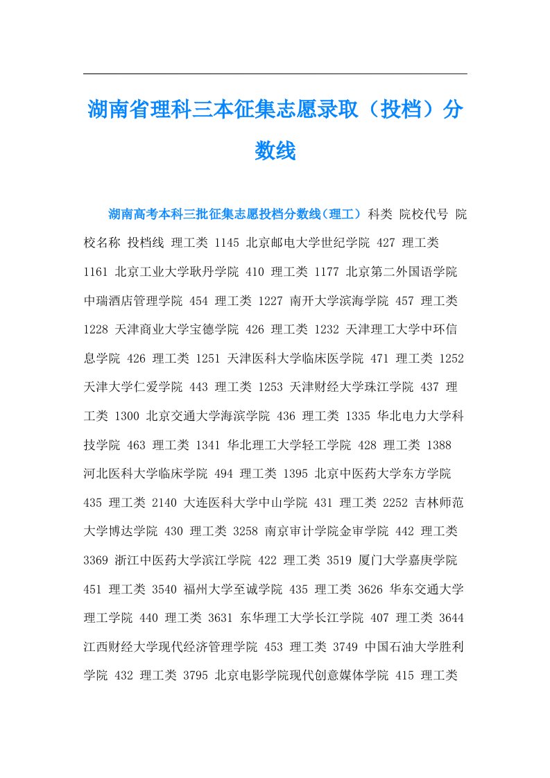 湖南省理科三本征集志愿录取（投档）分数线