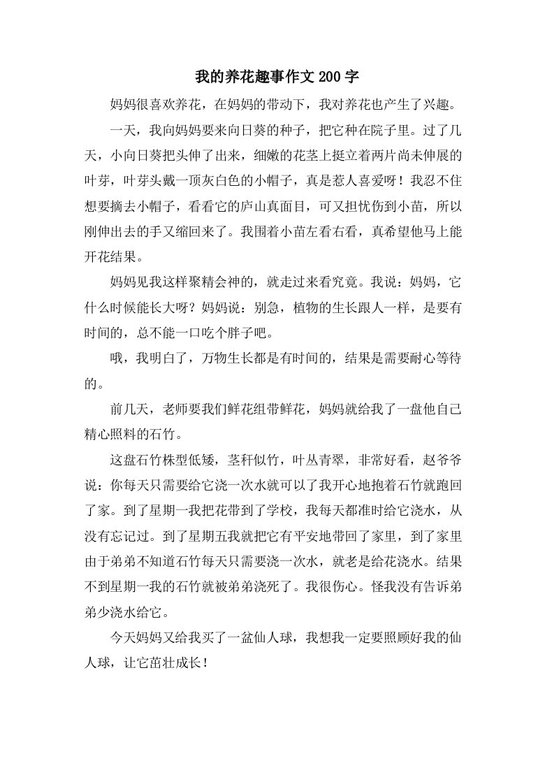 我的养花趣事作文200字