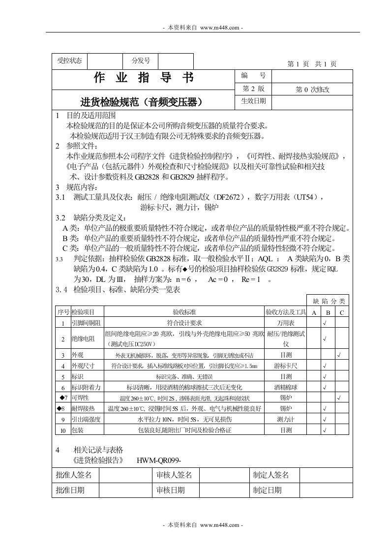 进货检验规范作业指导书（音频变压器）-作业指导