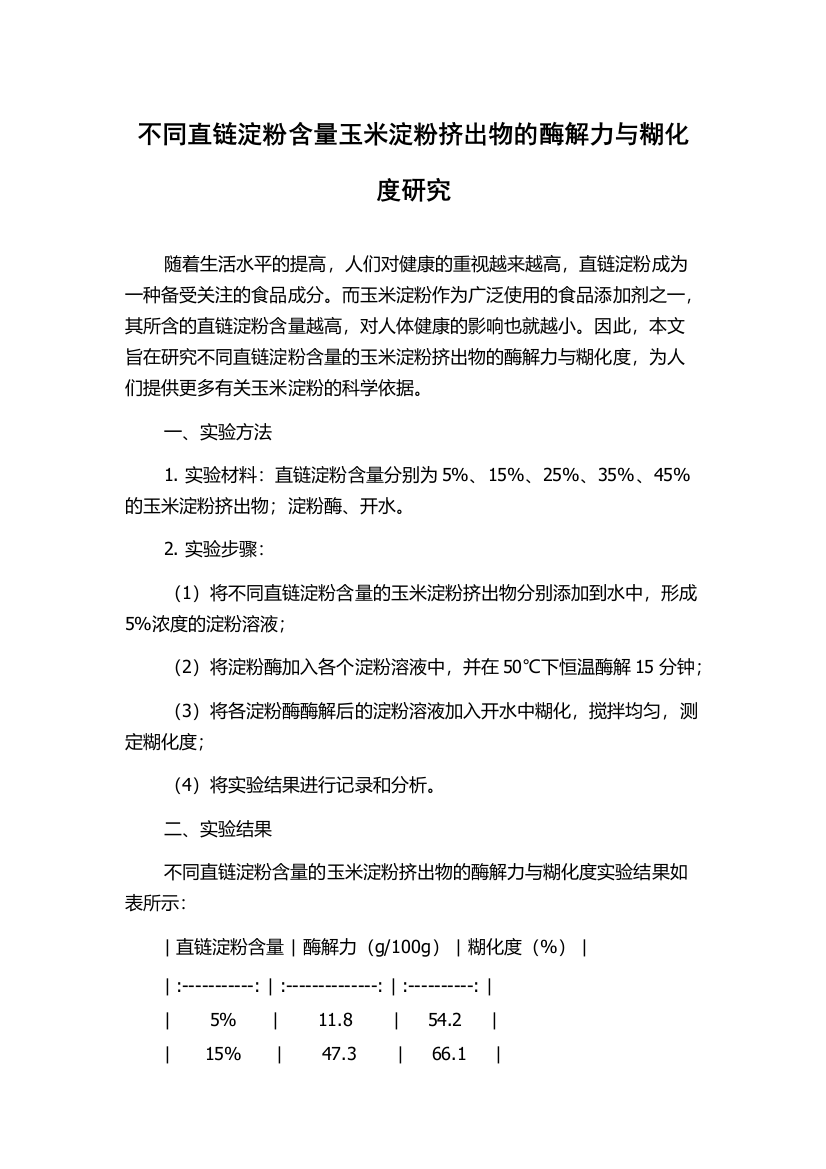 不同直链淀粉含量玉米淀粉挤出物的酶解力与糊化度研究