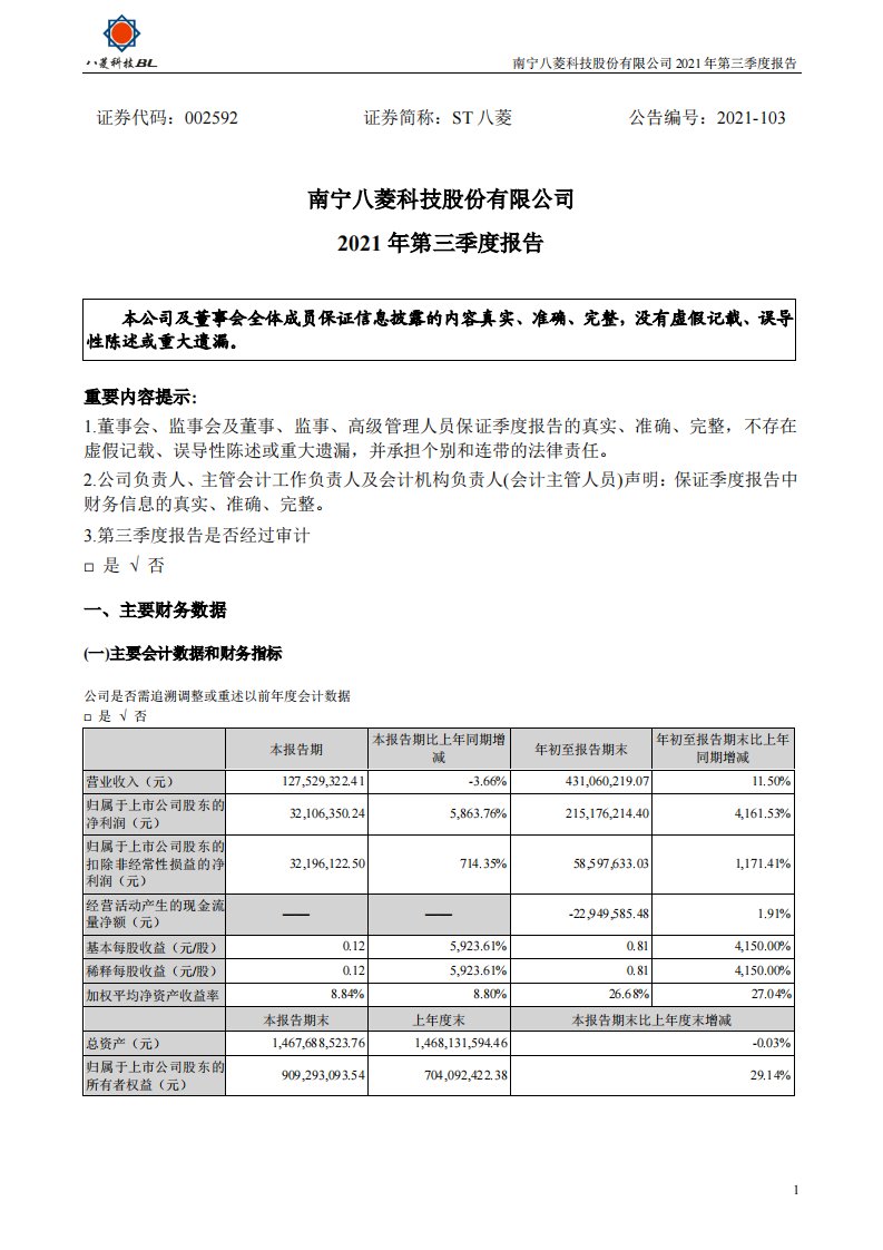 深交所-ST八菱：2021年第三季度报告-20211030