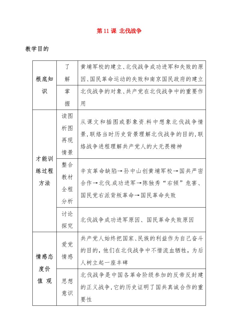 八年级历史上册《第11课北伐战争》教案新人教版