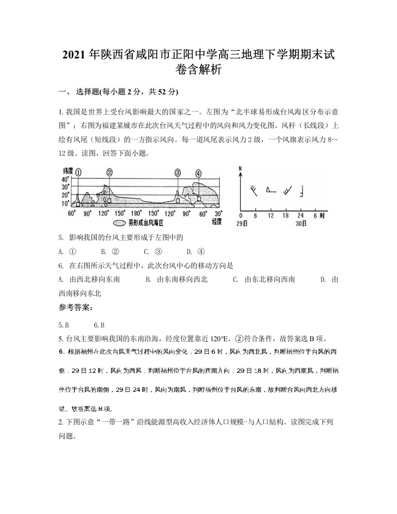 2021年陕西省咸阳市正阳中学高三地理下学期期末试卷含解析