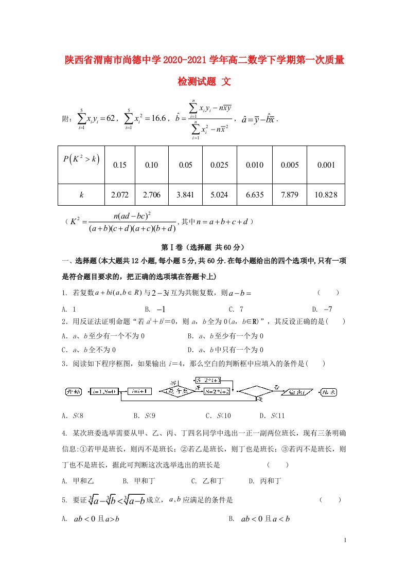 陕西省渭南市尚德中学2020_2021学年高二数学下学期第一次质量检测试题文