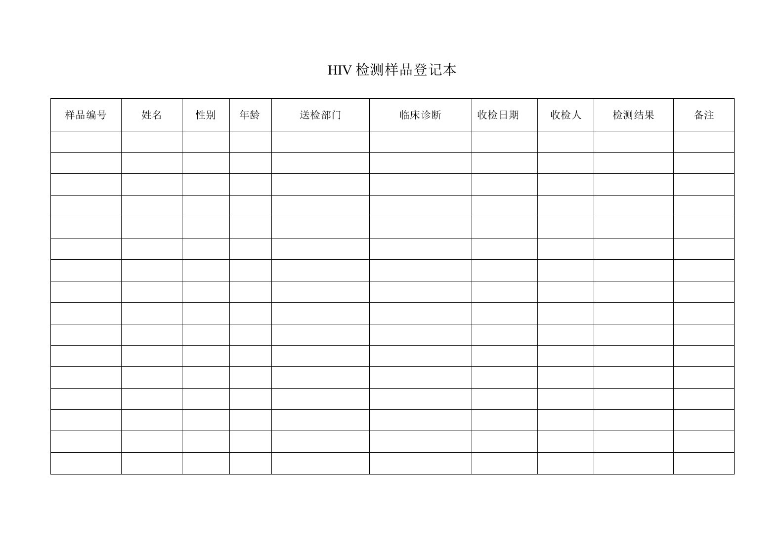 HIV检测样品登记本