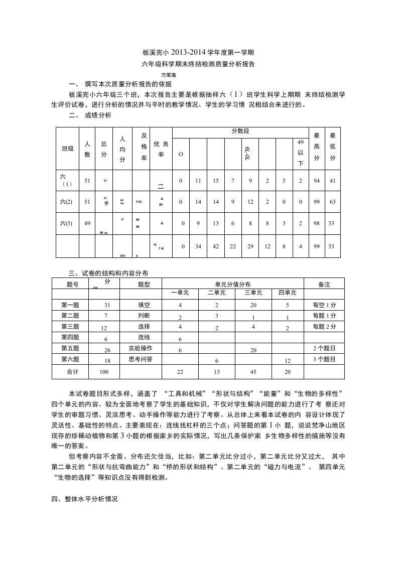 六年级科学期末检测质量分析报告