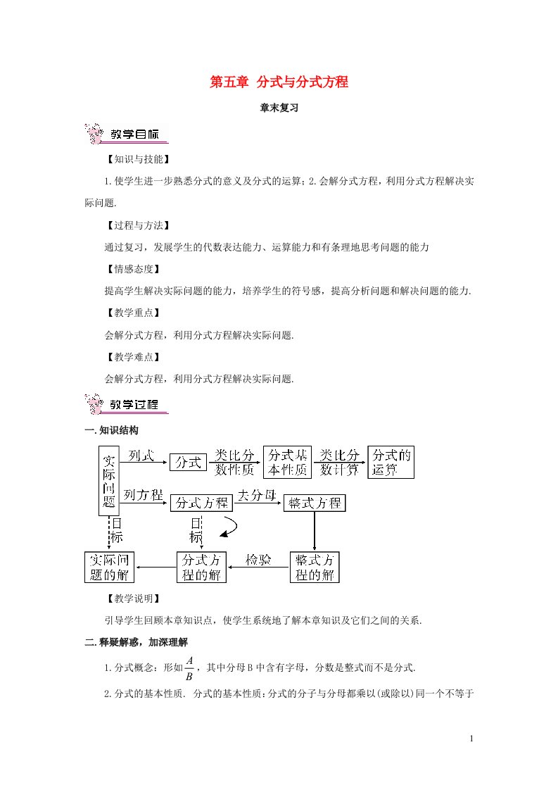 2023八年级数学下册第五章分式与分式方程章末复习教案新版北师大版