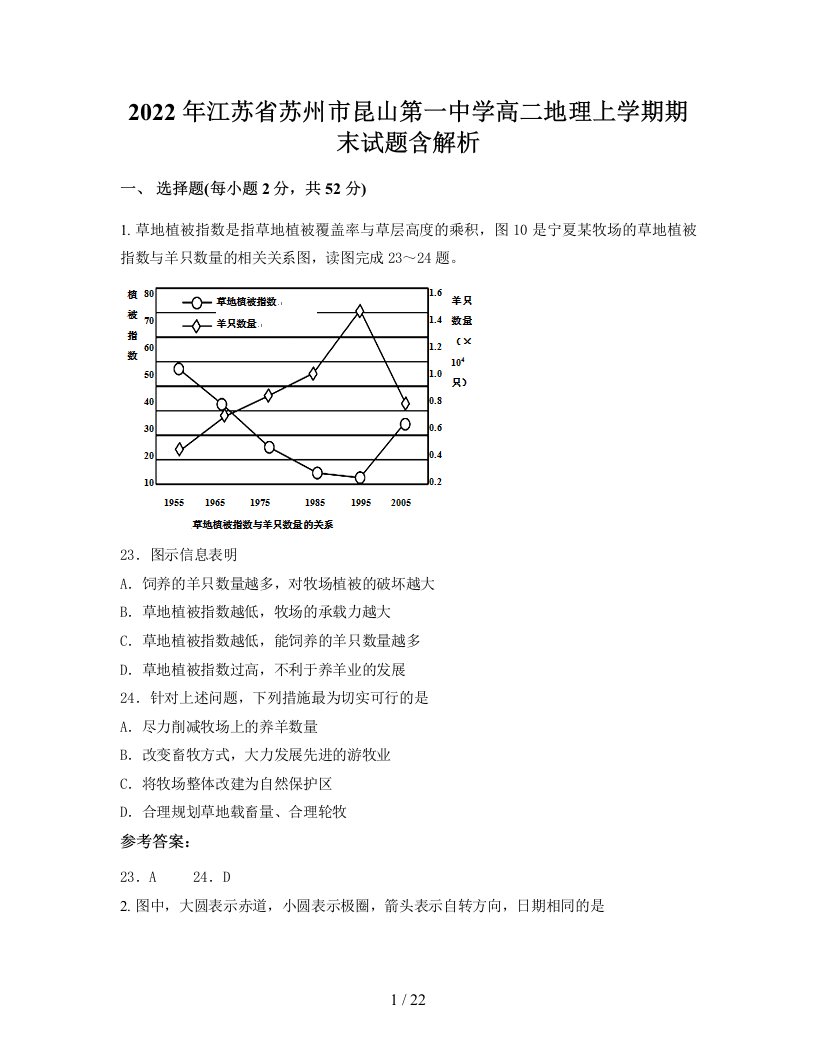 2022年江苏省苏州市昆山第一中学高二地理上学期期末试题含解析