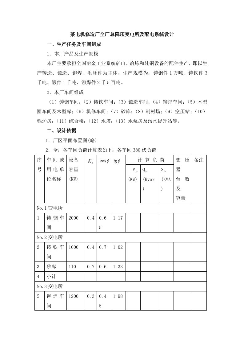 某冶金机械修造厂全厂总降压变电所及配电系统设计