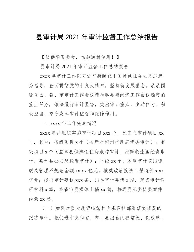 县审计局2021年审计监督工作总结报告