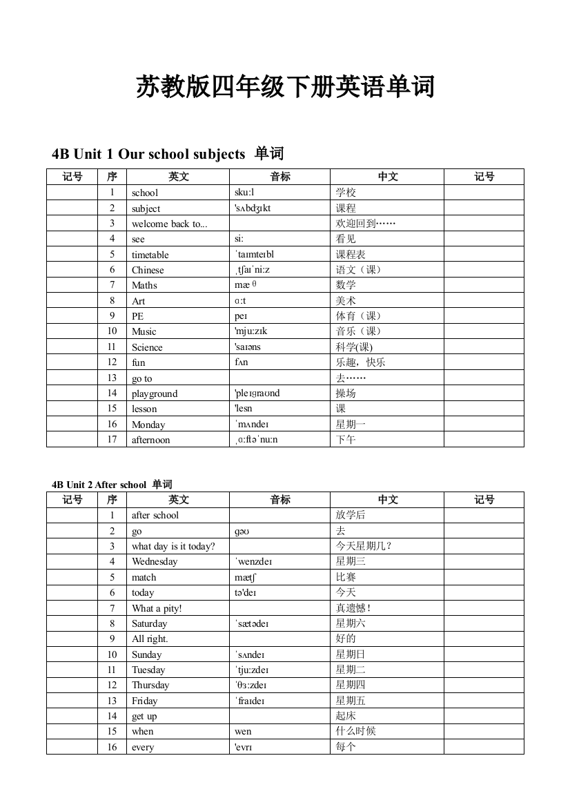 苏教版四年级下册英语单词