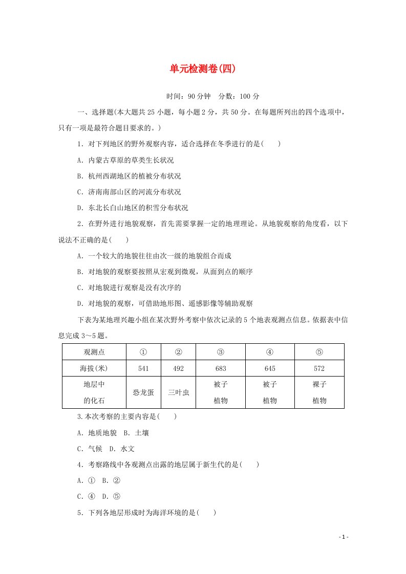 2020_2021学年新教材高中地理第四单元自然地理实践的基本方法单元检测卷四含解析中图版必修1