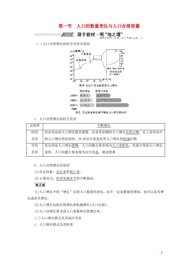 2022高考地理一轮复习第6章人口第一节人口的数量变化与人口合理容量学案新人教版