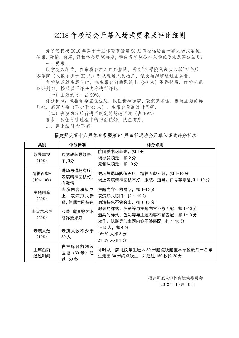 2018年校运会开幕入场式要求及评比细则