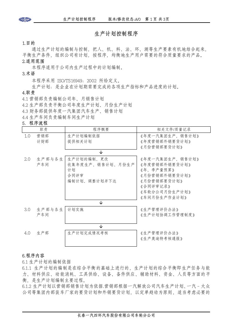 中国一汽：生产计划控制程序