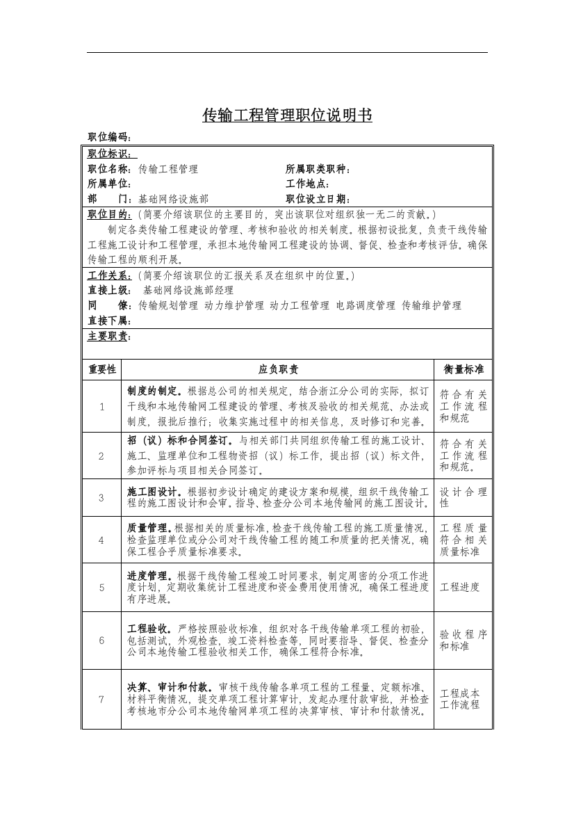 传输工程管理岗位说明书