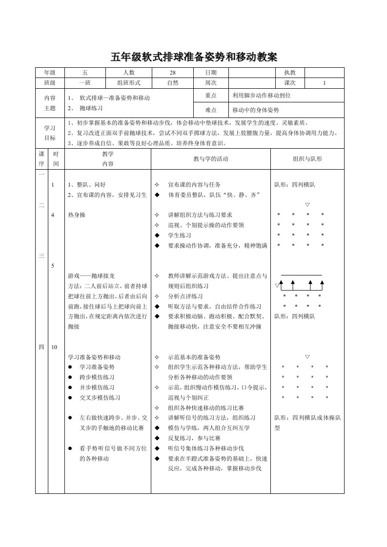 五年级软式排球准备姿势和移动教案