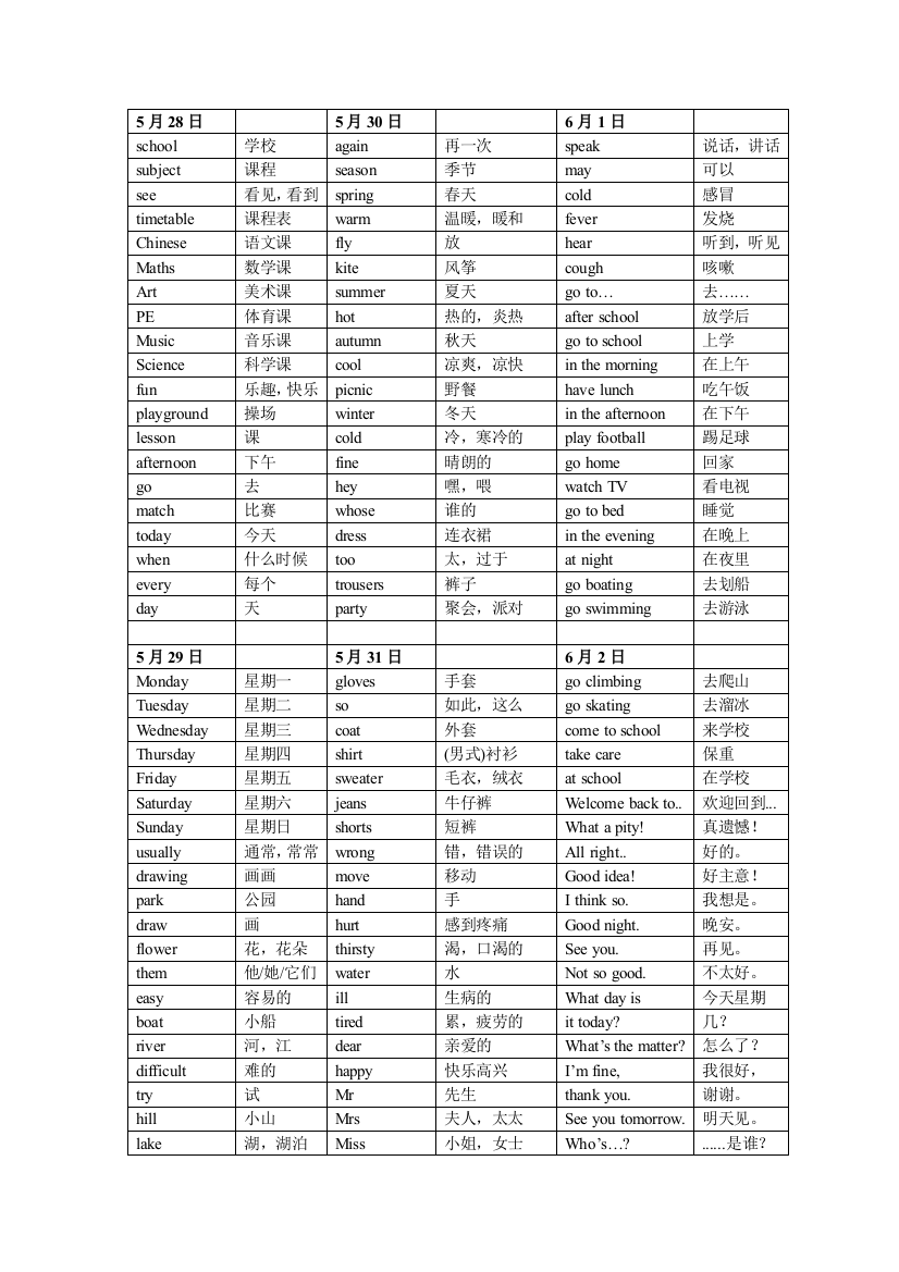 四年级每天20个词汇词组过关