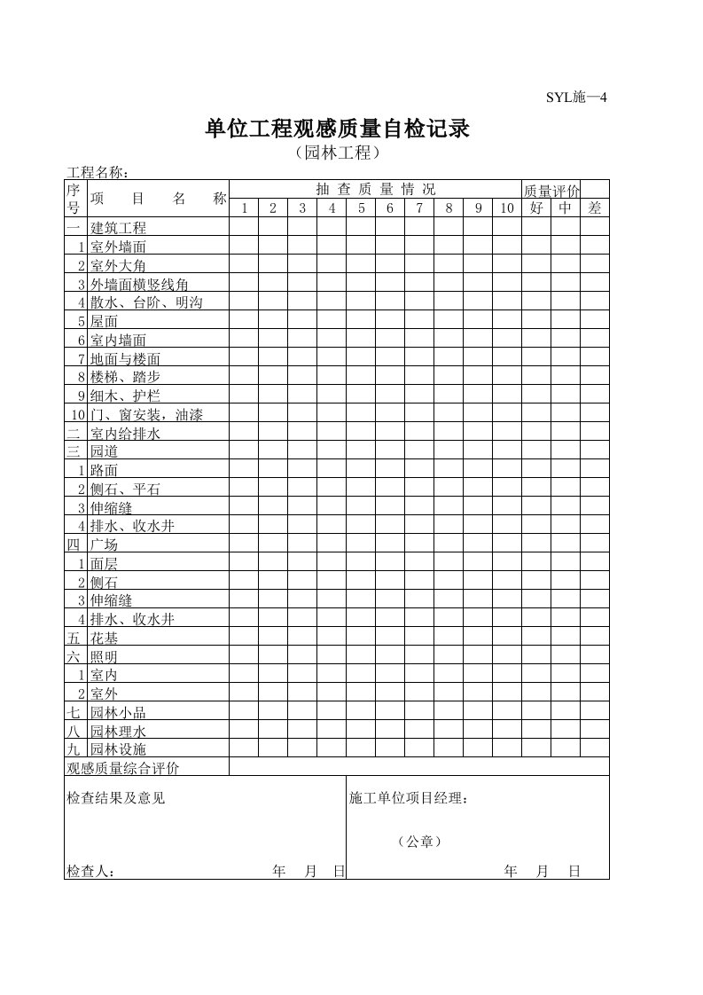 建筑工程-单位工程观感质量自检记录园建