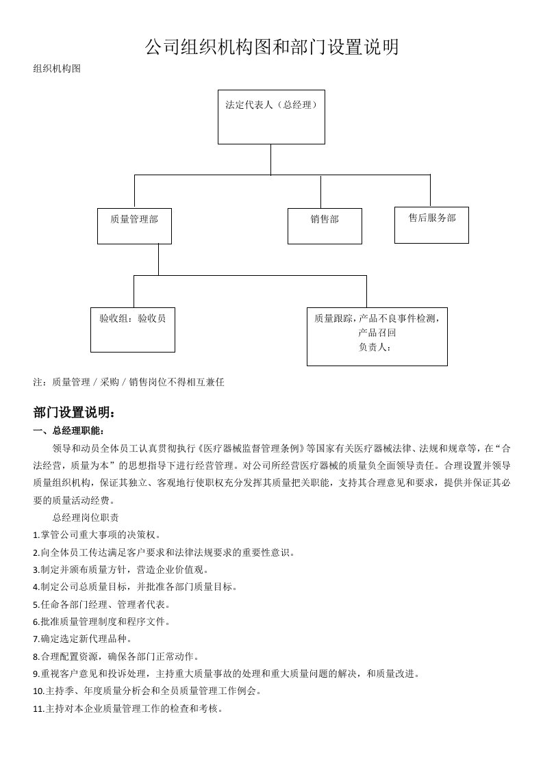 公司组织机构图和部门设置说明医疗器械