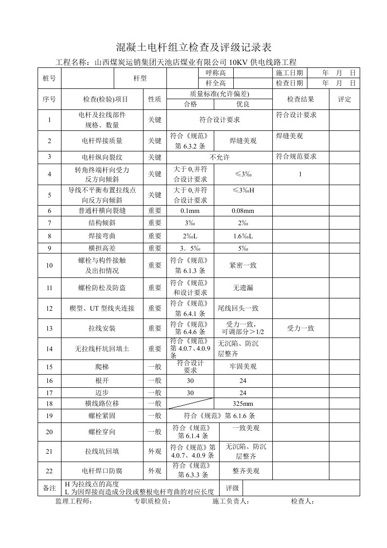 混凝土电杆组立验收记录