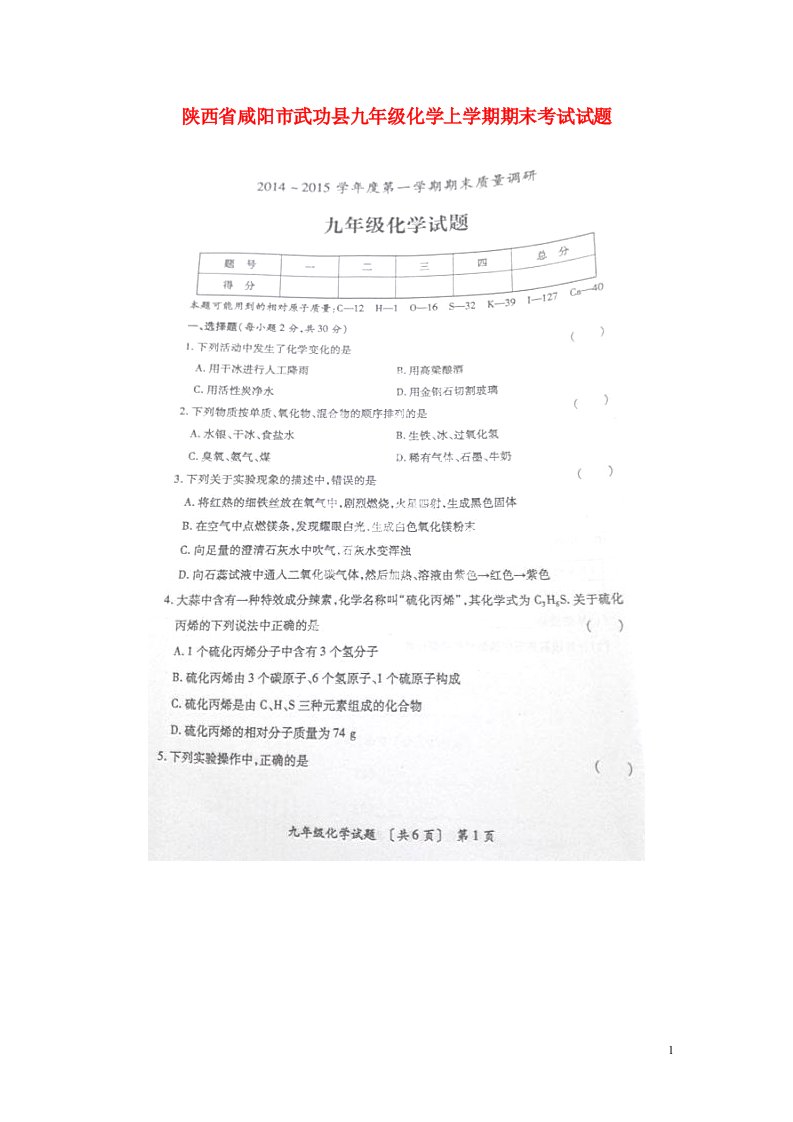 陕西省咸阳市武功县九级化学上学期期末考试试题（扫描版）